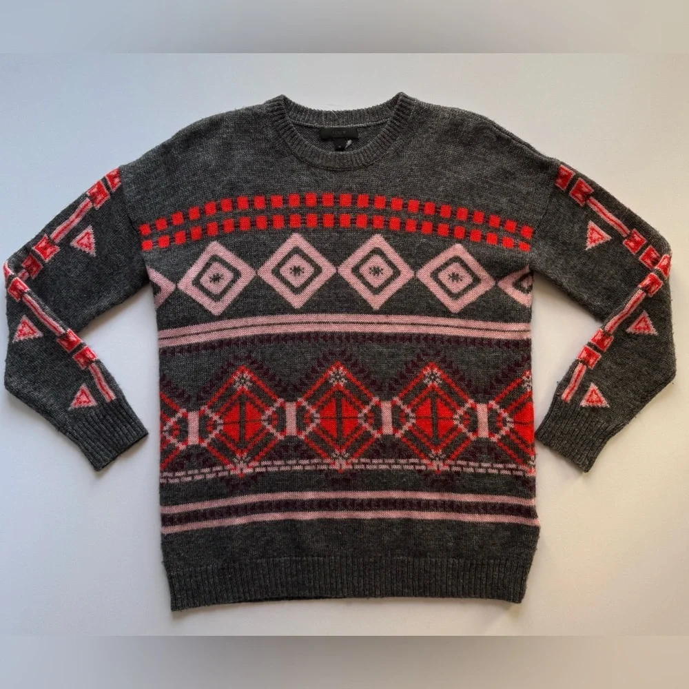 J. CREW Gray and Red Patterned Women's Sweater 🌺 40% WOOL ✅
